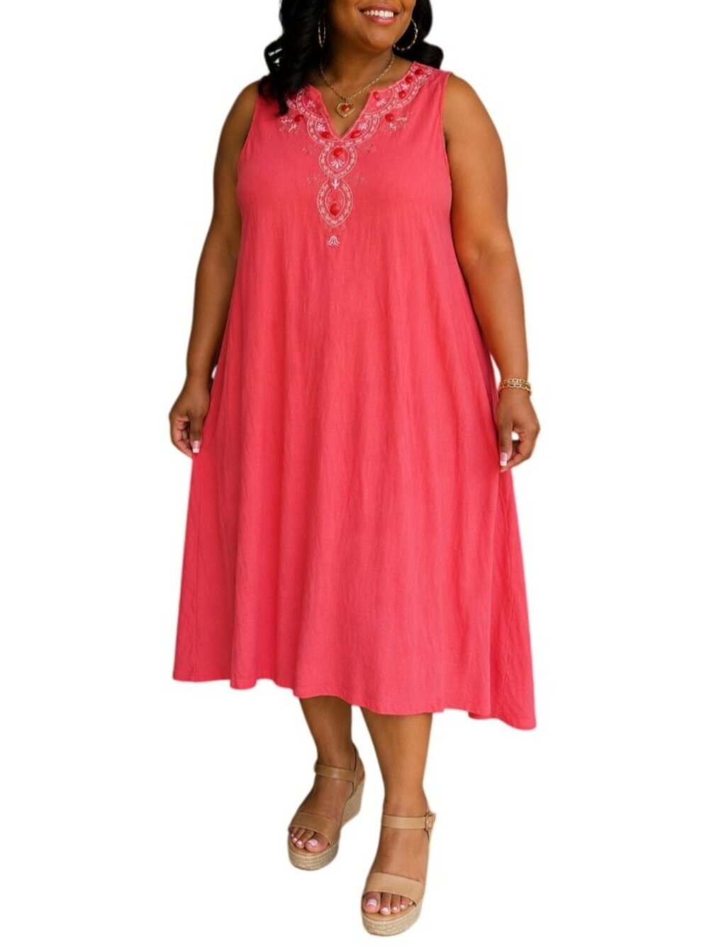 Charter Club 1X Plus Size Dress Shift Sleeveless Embroidered Cotton Coral